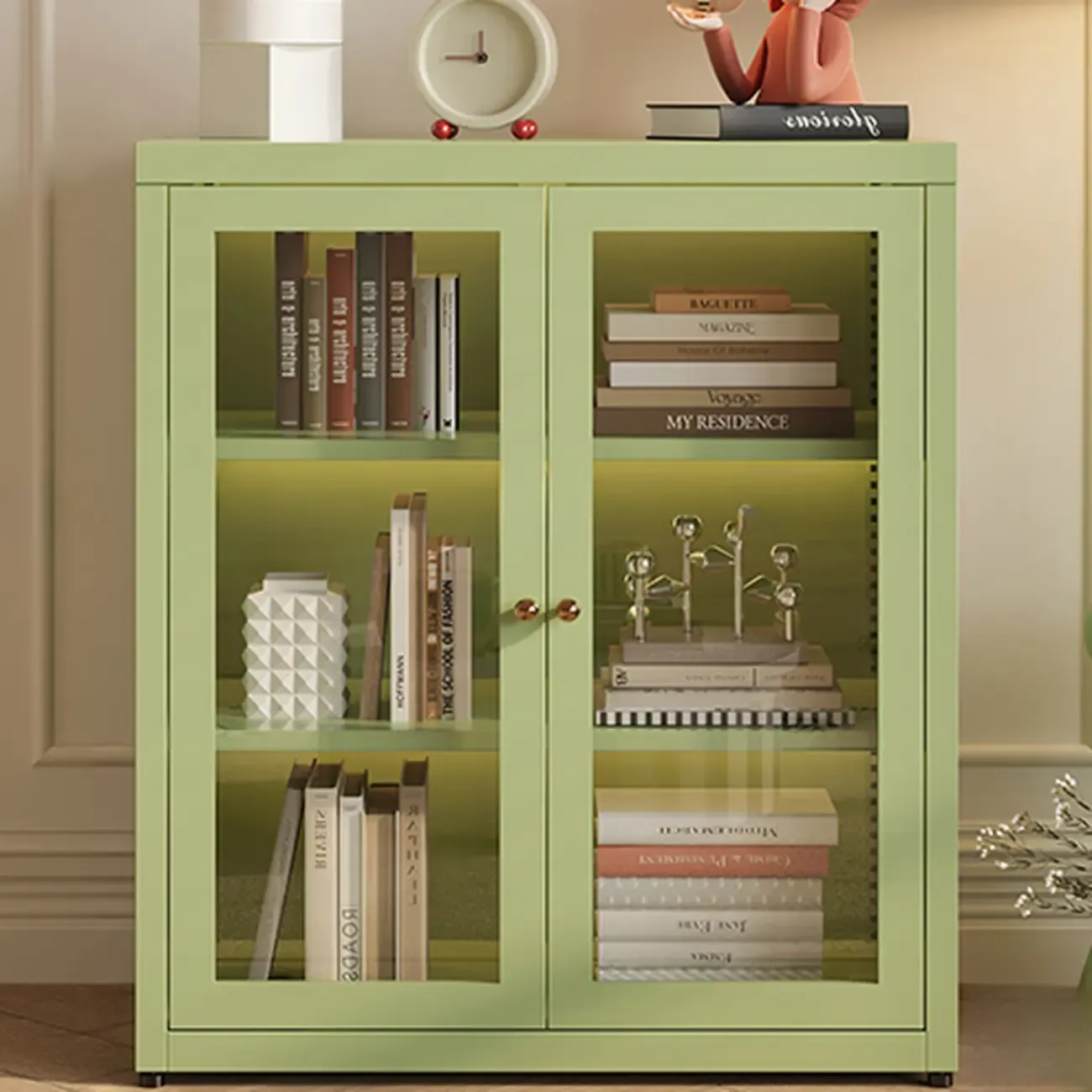 Modern Glass Door 3-Shelf Steel Green Frame Bookcase Image - 11