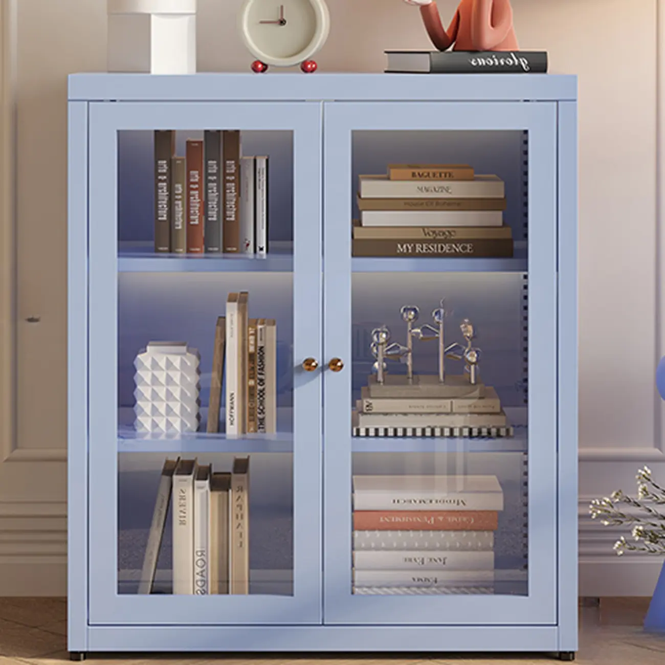 Modern Glass Door 3-Shelf Steel Green Frame Bookcase Image - 12 | homeyfad