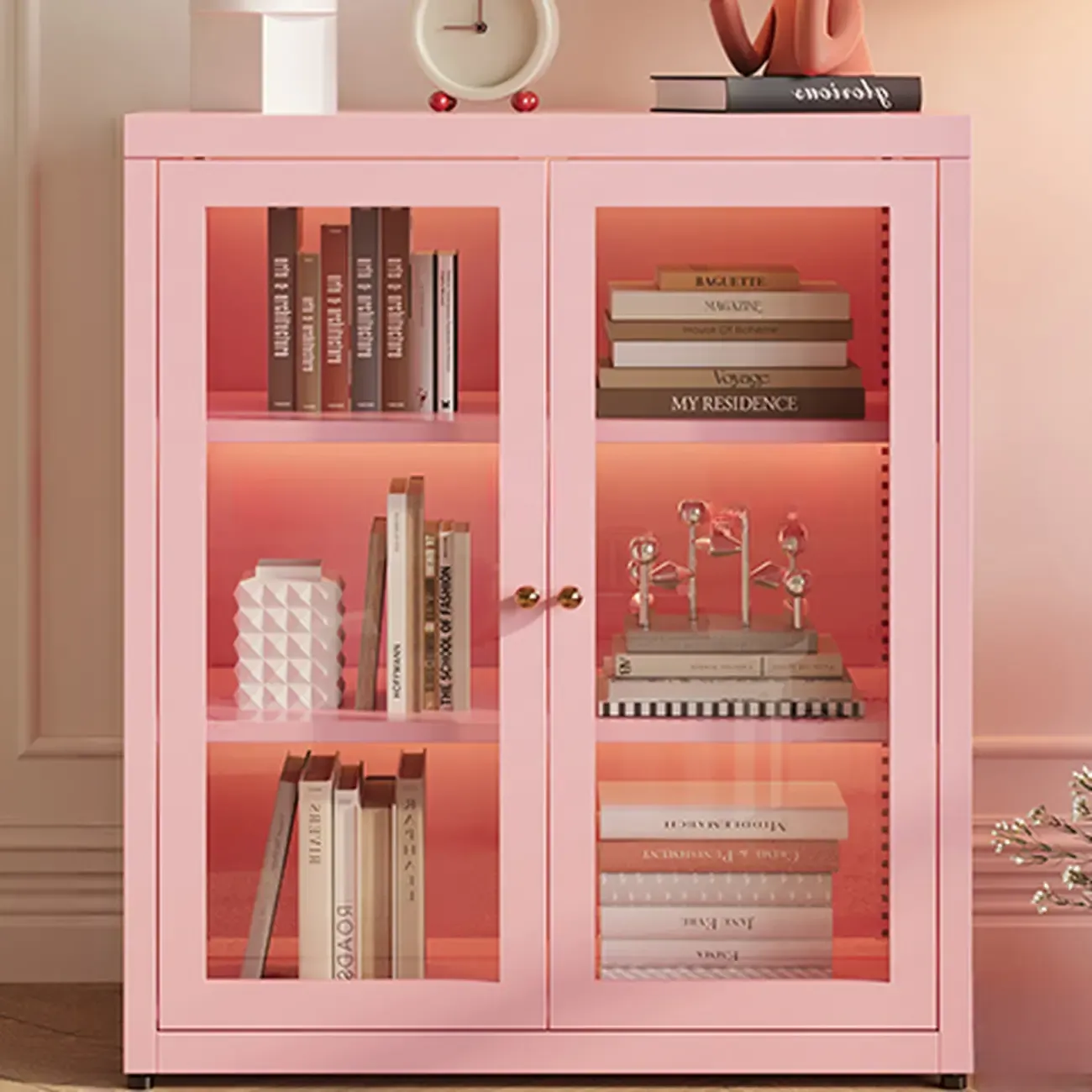 Modern Glass Door 3-Shelf Steel Green Frame Bookcase Image - 13