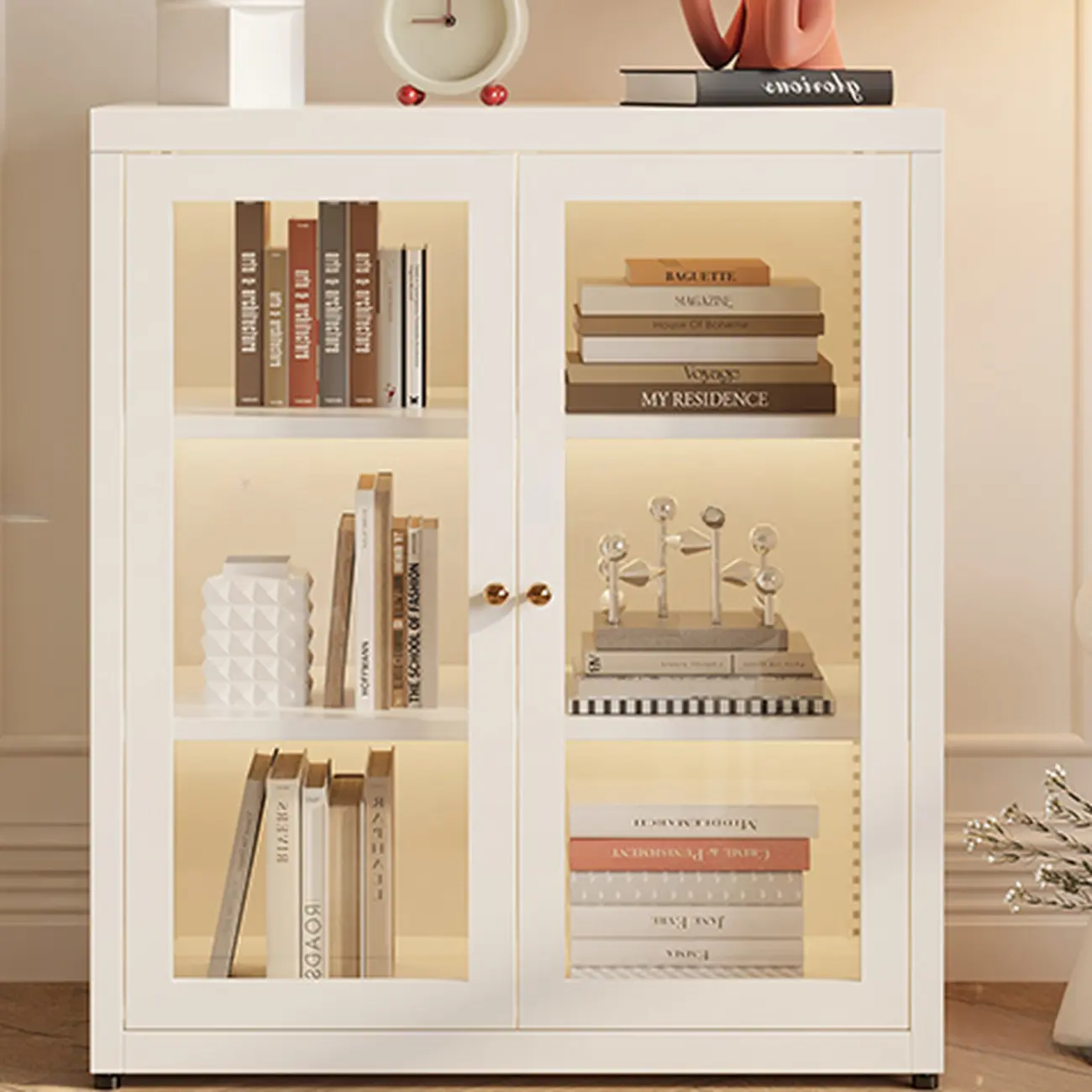 Modern Glass Door 3-Shelf Steel Green Frame Bookcase Image - 14 | homeyfad