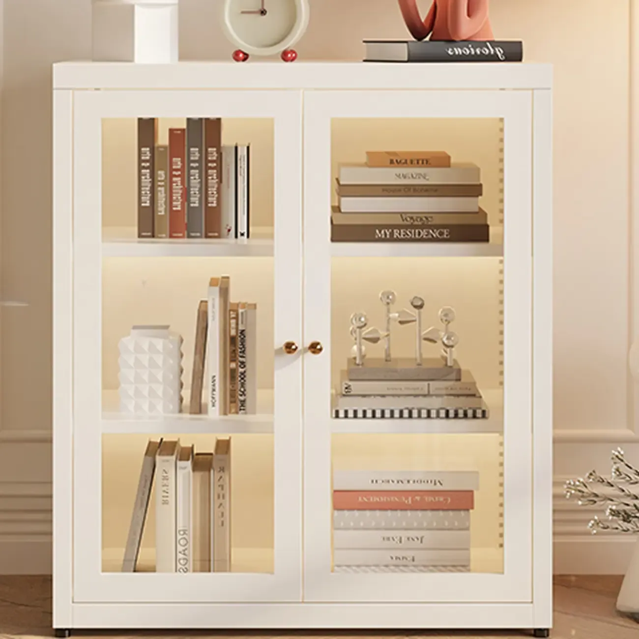 Modern Glass Door 3-Shelf Steel Green Frame Bookcase Image - 14