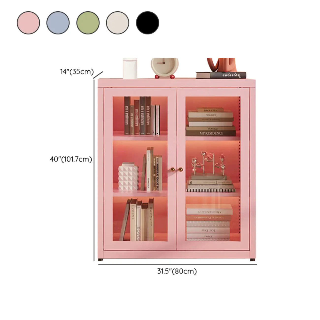 Modern Glass Door 3-Shelf Steel Green Frame Bookcase #size | homeyfad