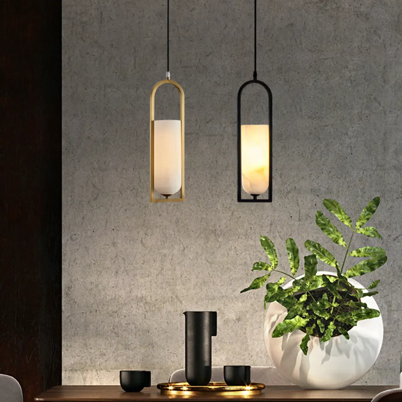 Adjustable Stone Metal Cylinder Pendant Light Image - 1