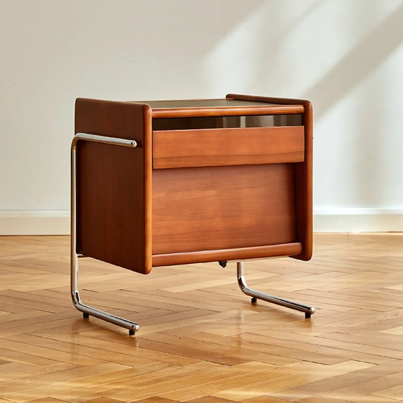 Mid-Century Modern Brown Wood Nightstand with Drawers Image - 1 | homeyfad