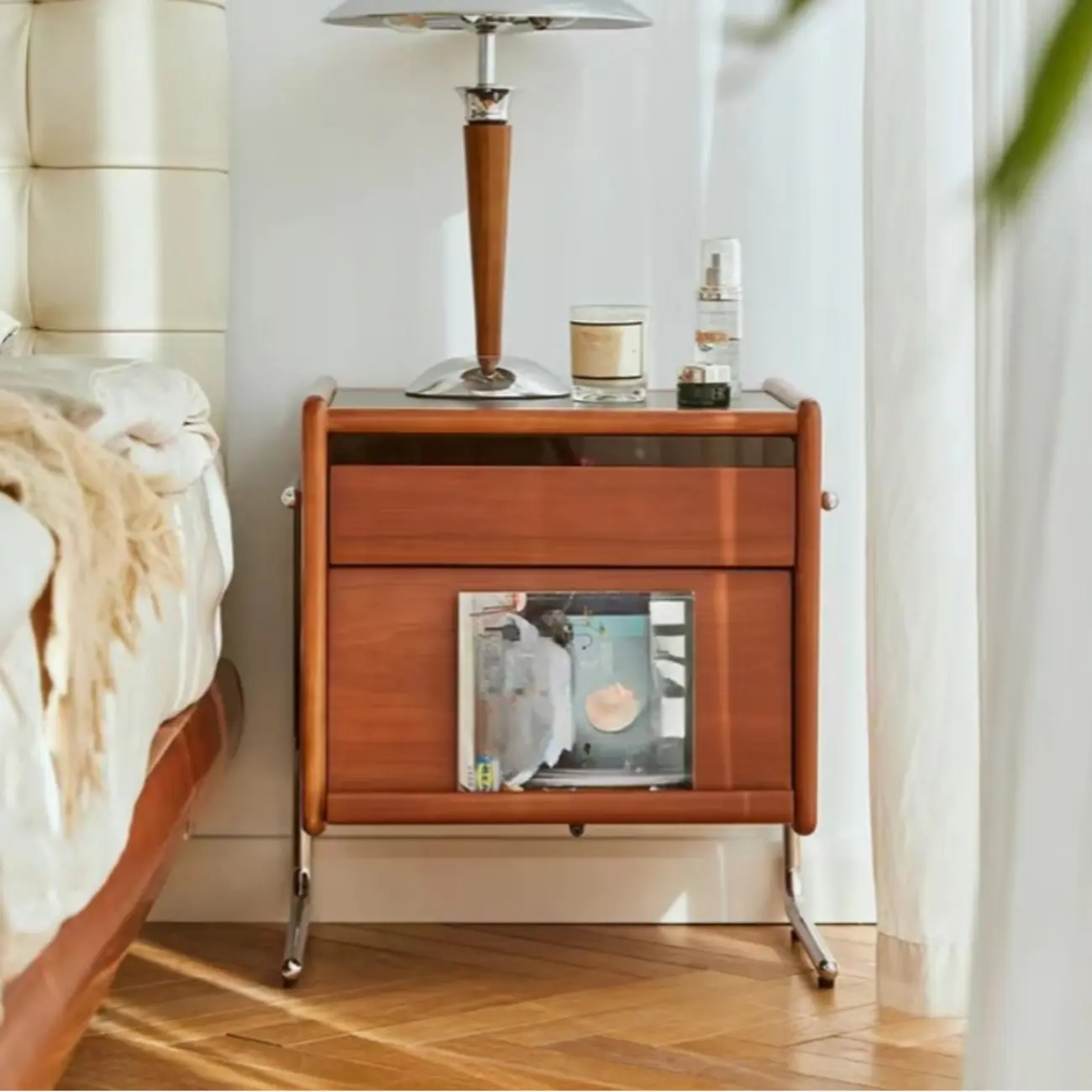 Mid-Century Modern Brown Wood Nightstand with Drawers Image - 3 | homeyfad