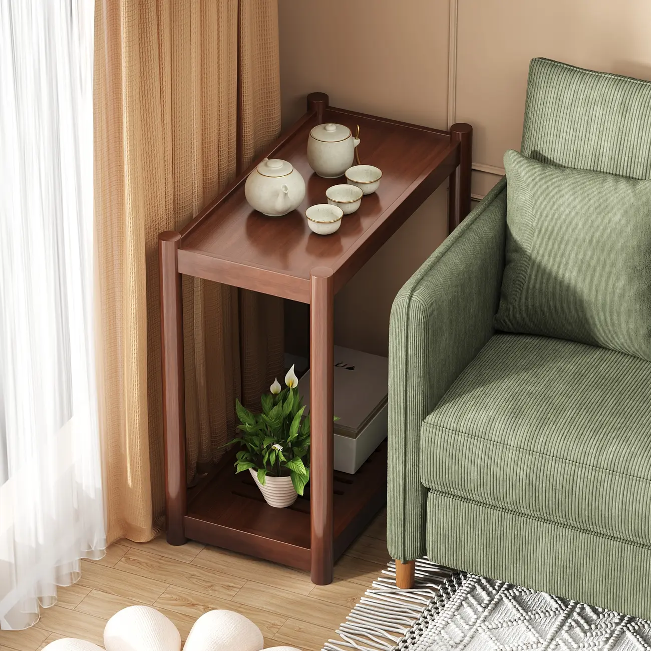 Minimalist Brown 2-Tier Tray Top Wooden End Table with Rollers Image - 1 | homeyfad