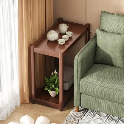 Minimalist Brown 2-Tier Tray Top Wooden End Table with Rollers Image - 1