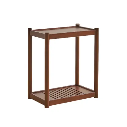 Minimalist Brown 2-Tier Tray Top Wooden End Table with Rollers Image - 4