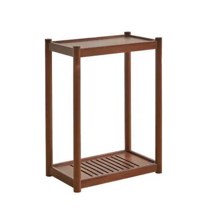 Minimalist Brown 2-Tier Tray Top Wooden End Table with Rollers Image - 5