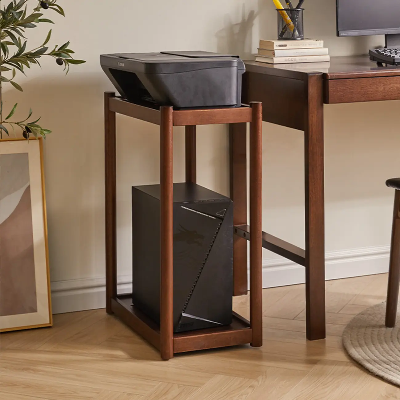 Minimalist Brown 2-Tier Tray Top Wooden End Table with Rollers Image - 3 | homeyfad