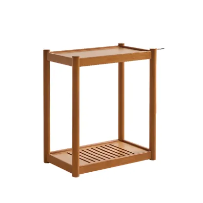Minimalist Brown 2-Tier Tray Top Wooden End Table with Rollers Image - 6