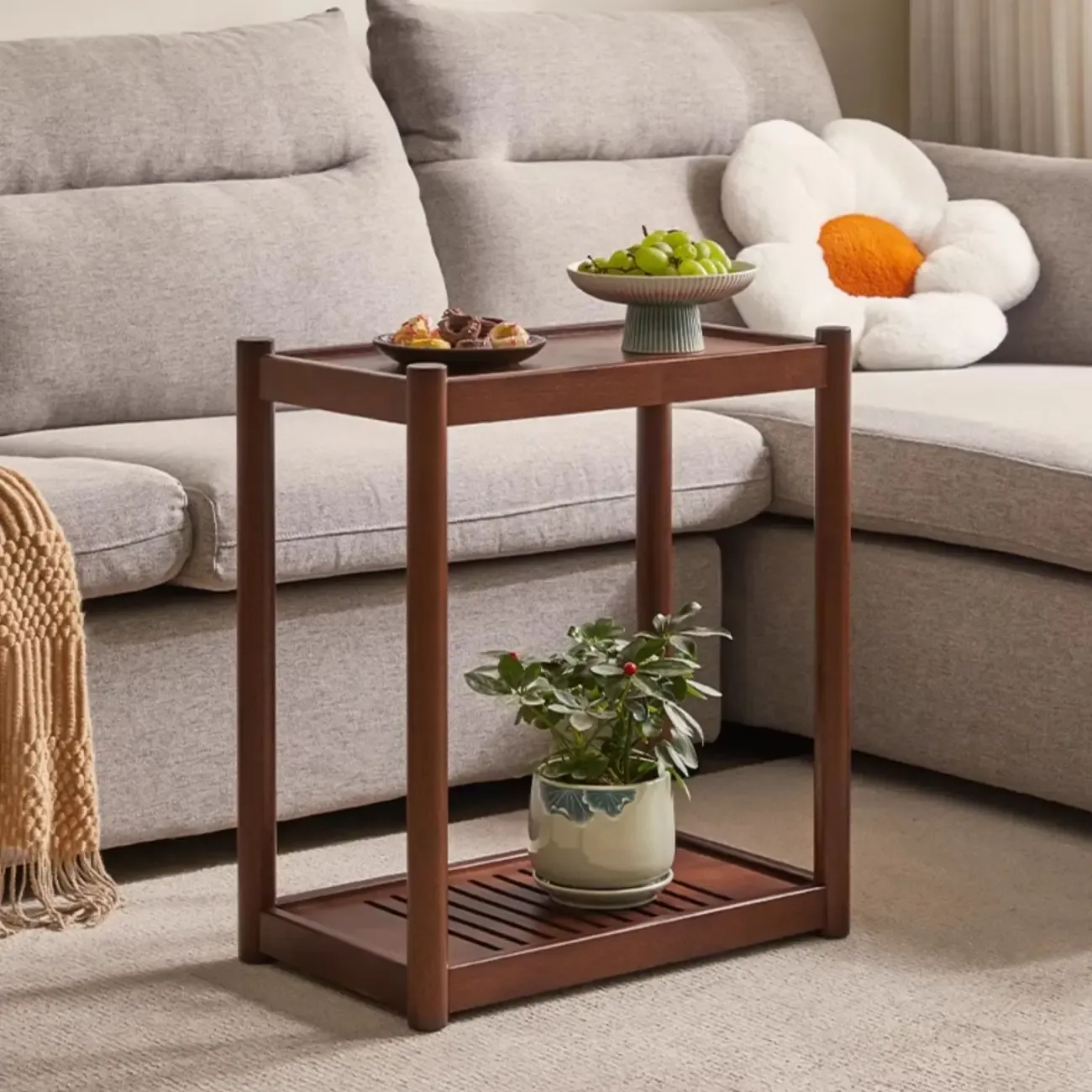 Minimalist Brown 2-Tier Tray Top Wooden End Table with Rollers Image - 2