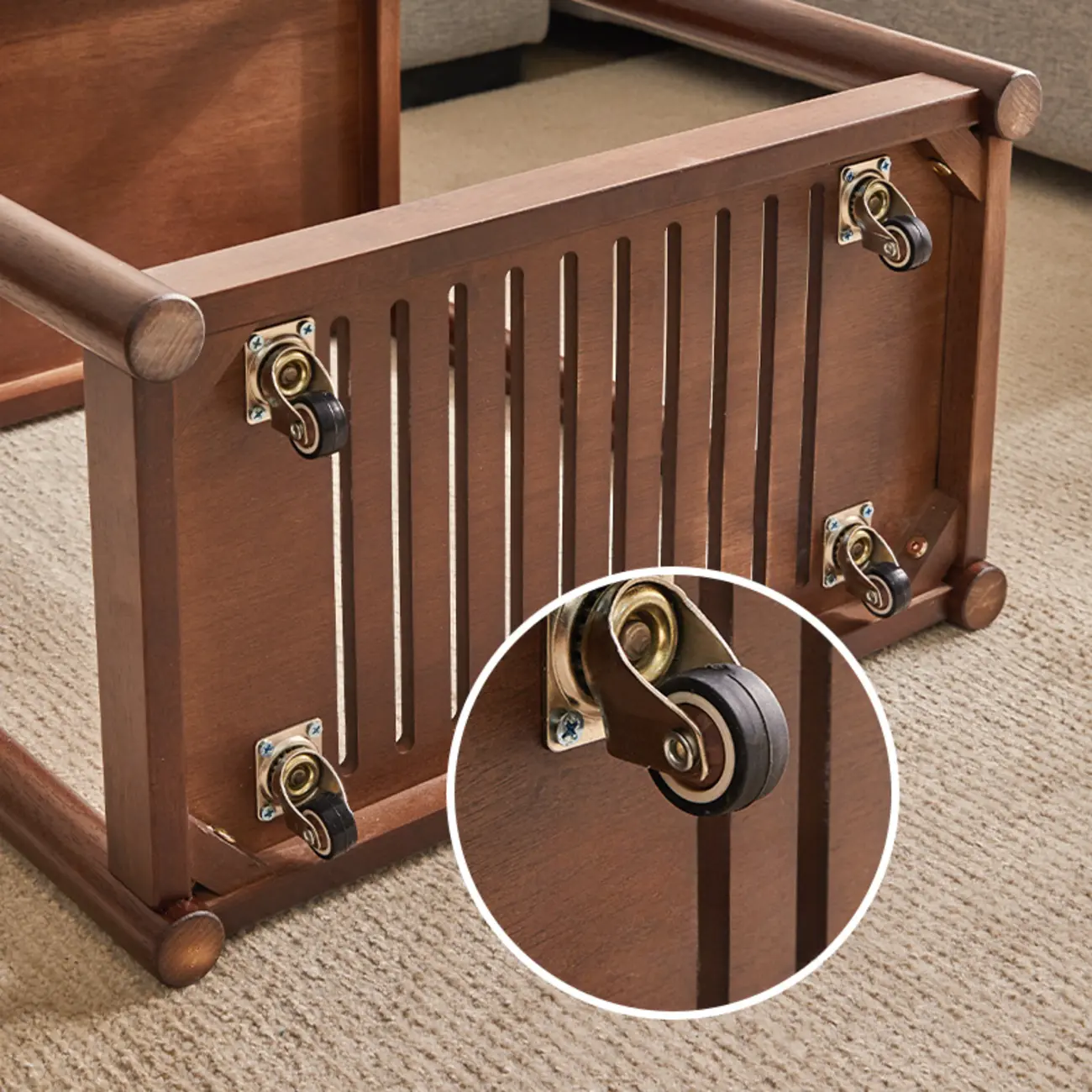 Minimalist Brown 2-Tier Tray Top Wooden End Table with Rollers Image - 8 | homeyfad