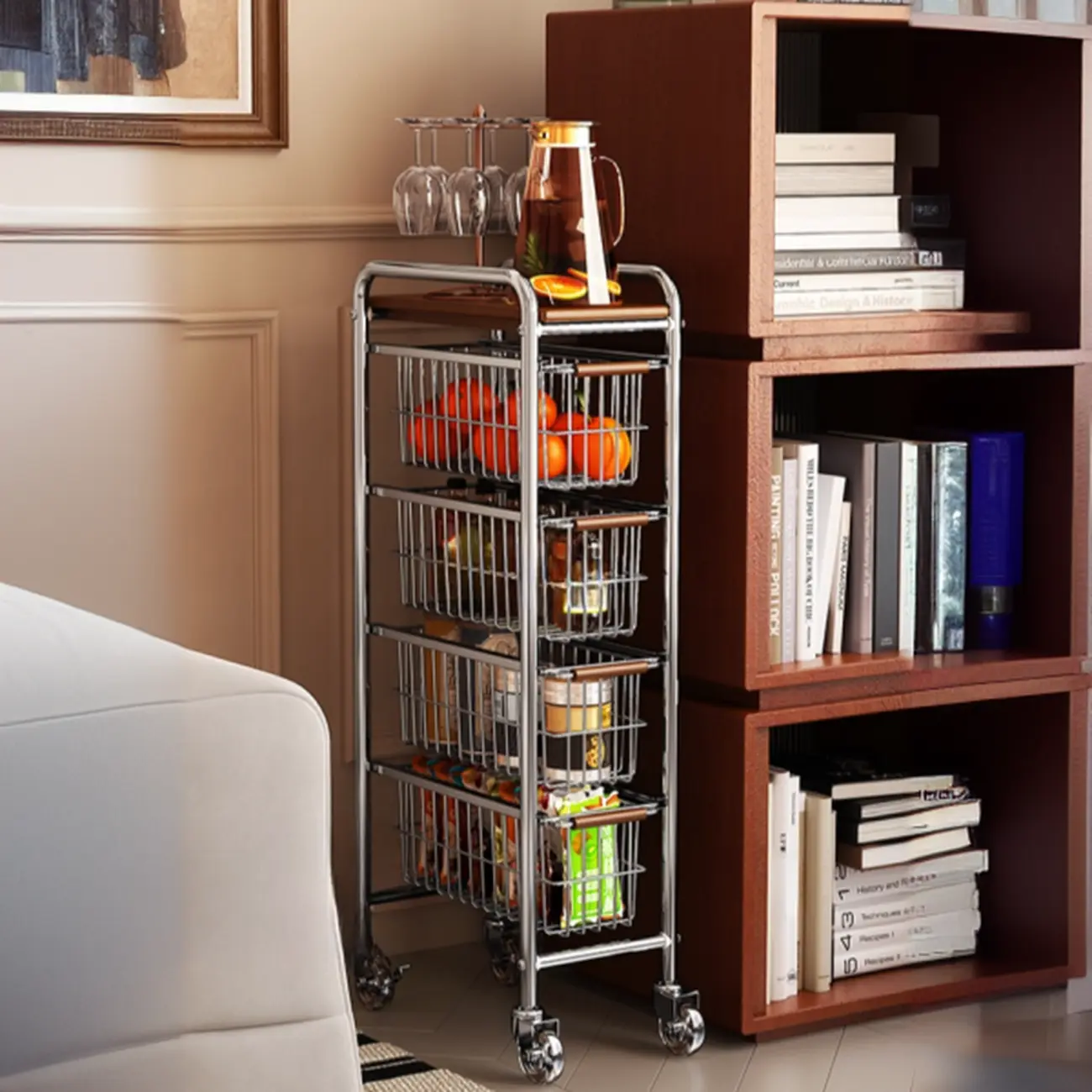 Narrow Pull-Out Metal 4-Tier side Table Trolley
