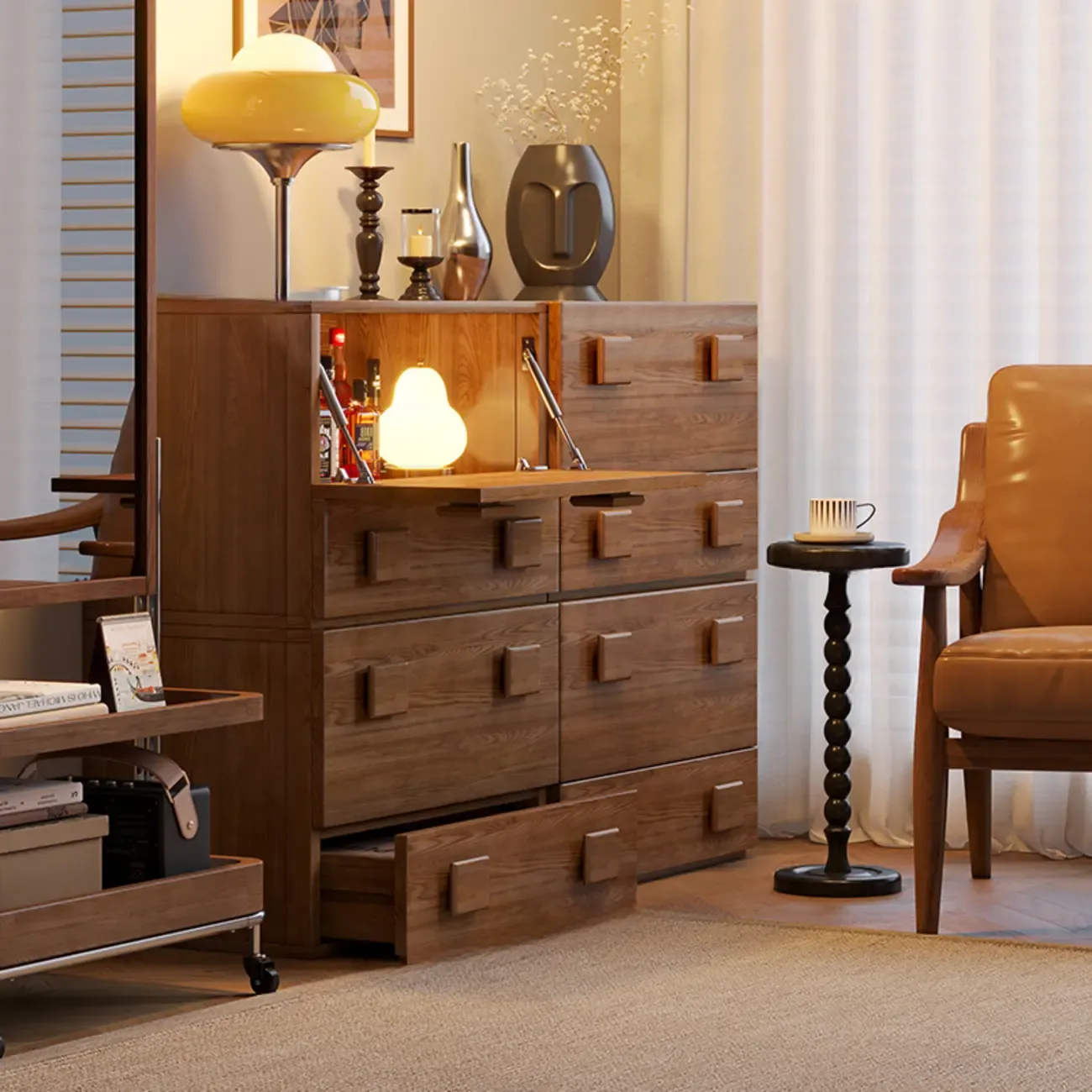 Nordic Brown Wooden Horizontal Bookcase with Drawer Image - 1