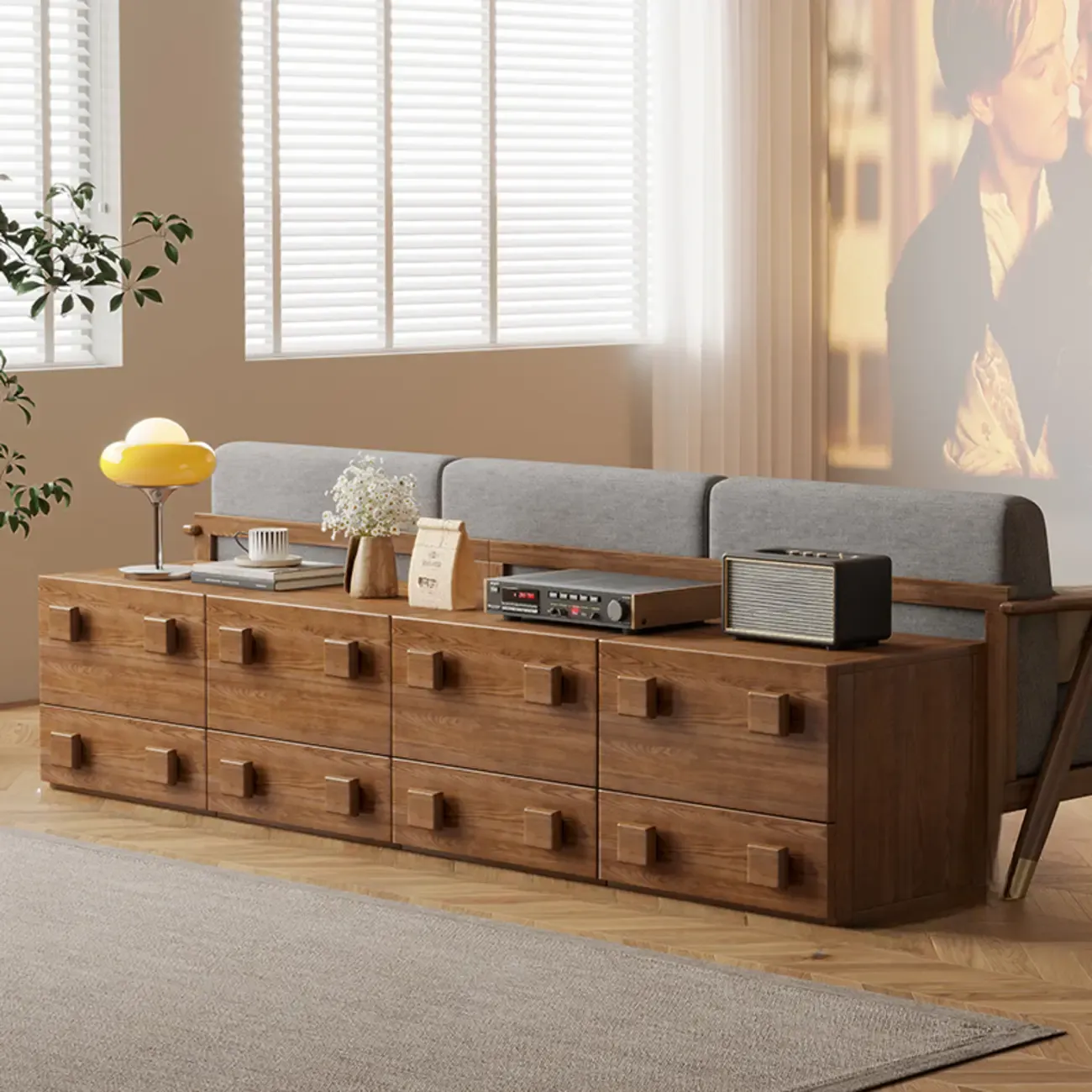 Nordic Brown Wooden Horizontal Bookcase with Drawer Image - 3