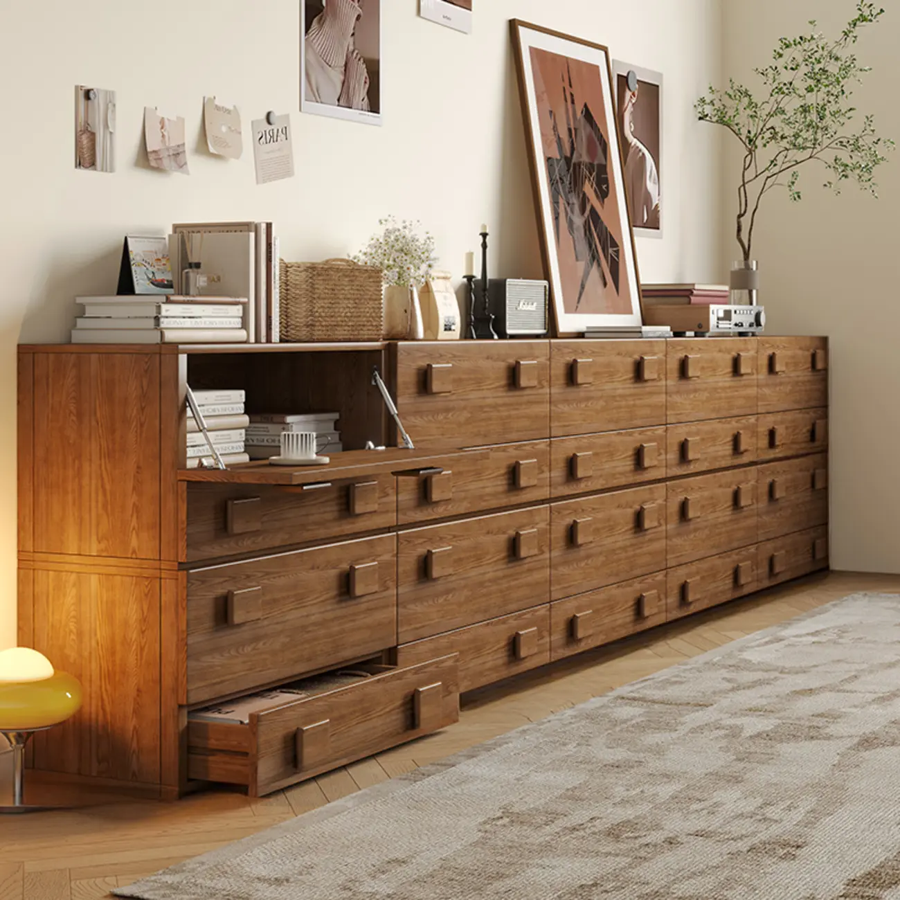 Nordic Brown Wooden Horizontal Bookcase with Drawer Image - 1 | homeyfad