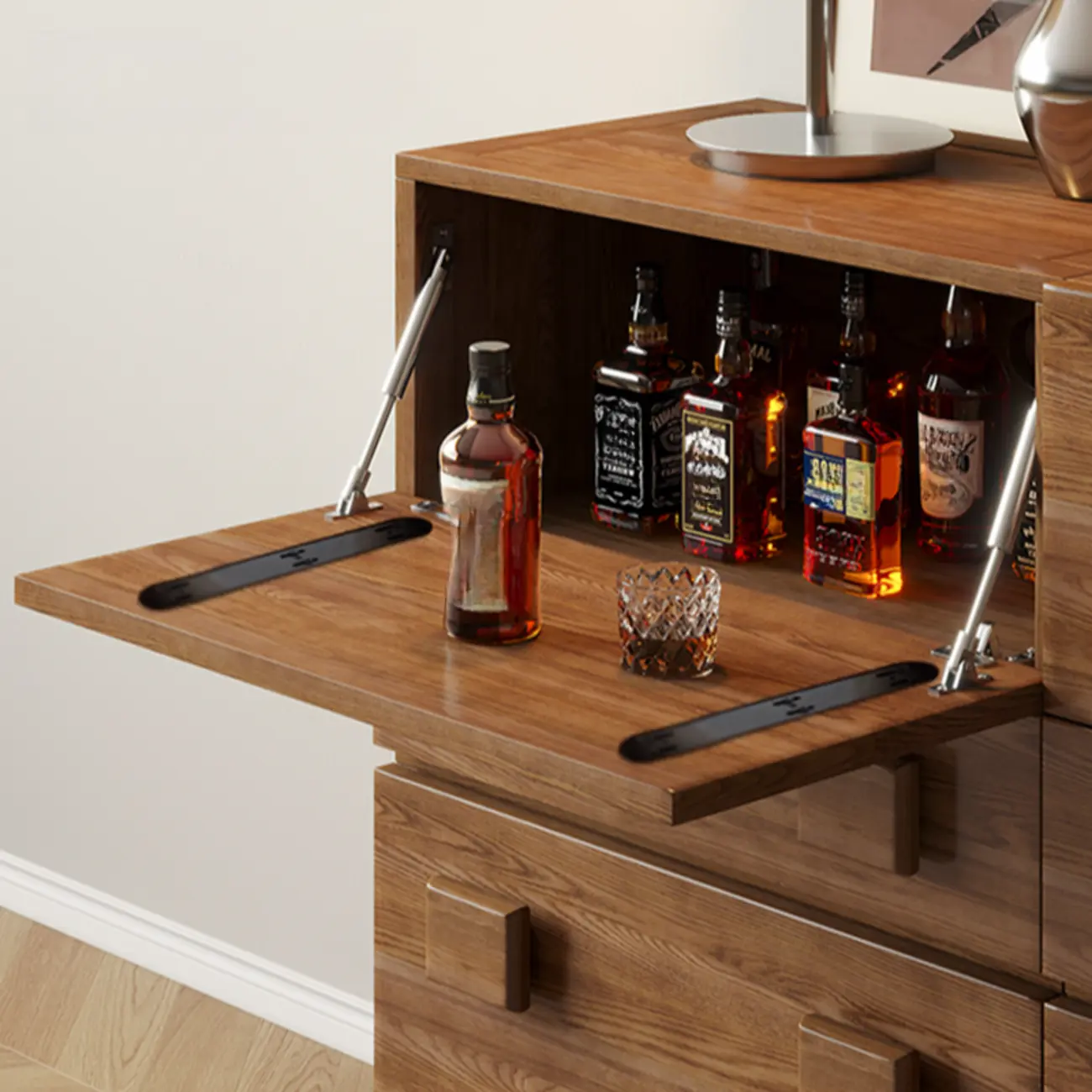 Nordic Brown Wooden Horizontal Bookcase with Drawer Image - 10 | homeyfad