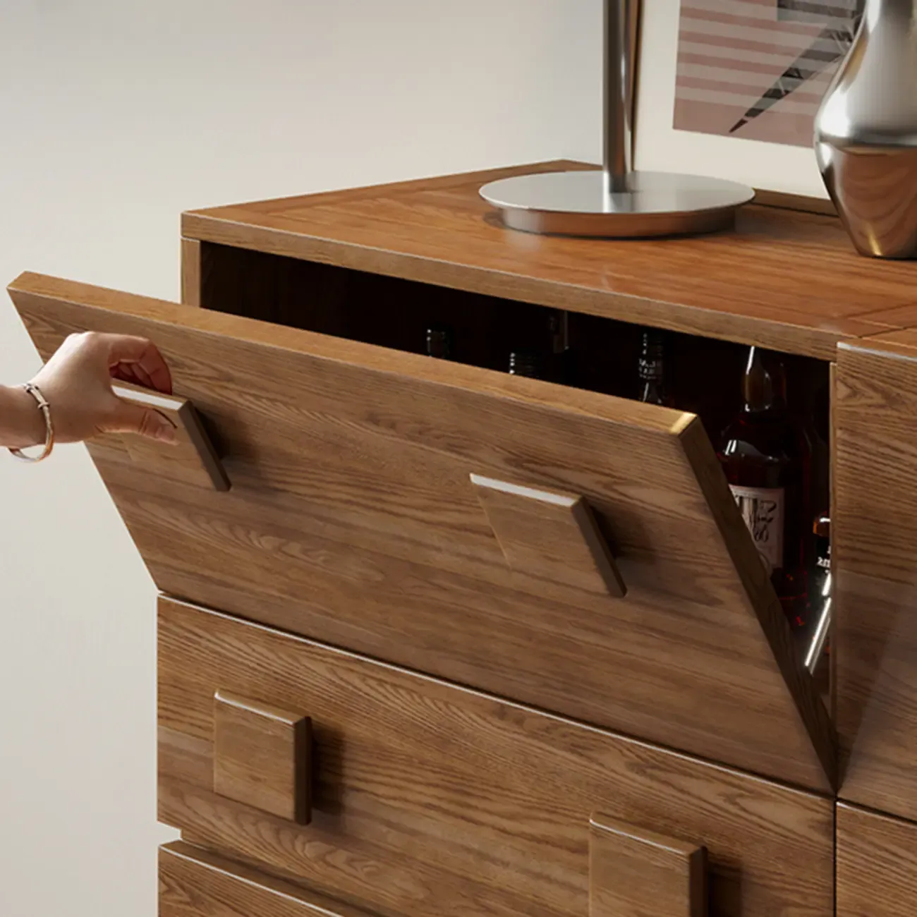 Nordic Brown Wooden Horizontal Bookcase with Drawer Image - 5