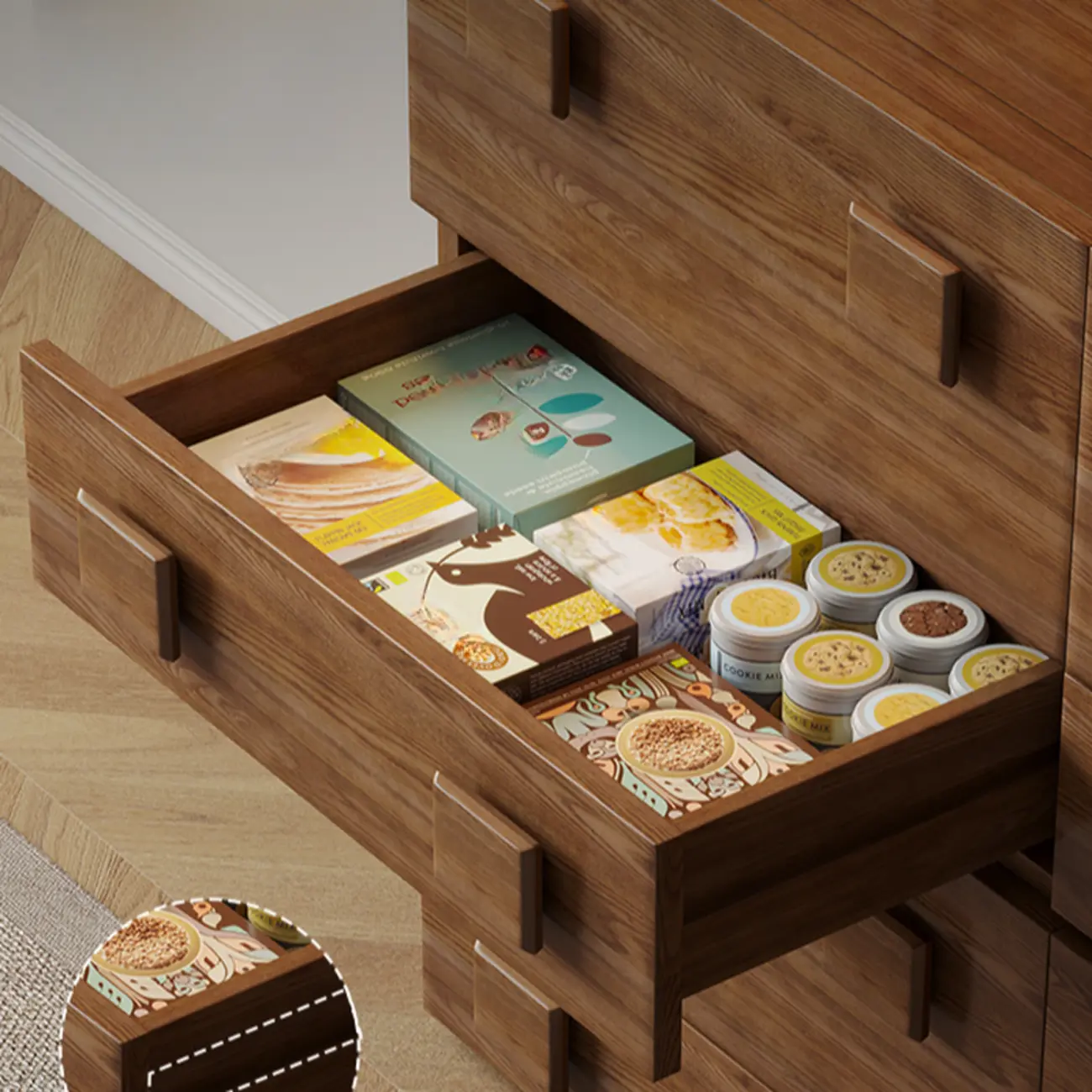 Nordic Brown Wooden Horizontal Bookcase with Drawer Image - 9 | homeyfad