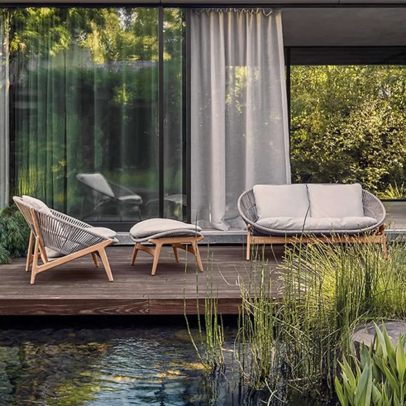 Scandinavian Teak Wood Grey Waterproof Outdoor Sofa Set Image - 2 | homeyfad