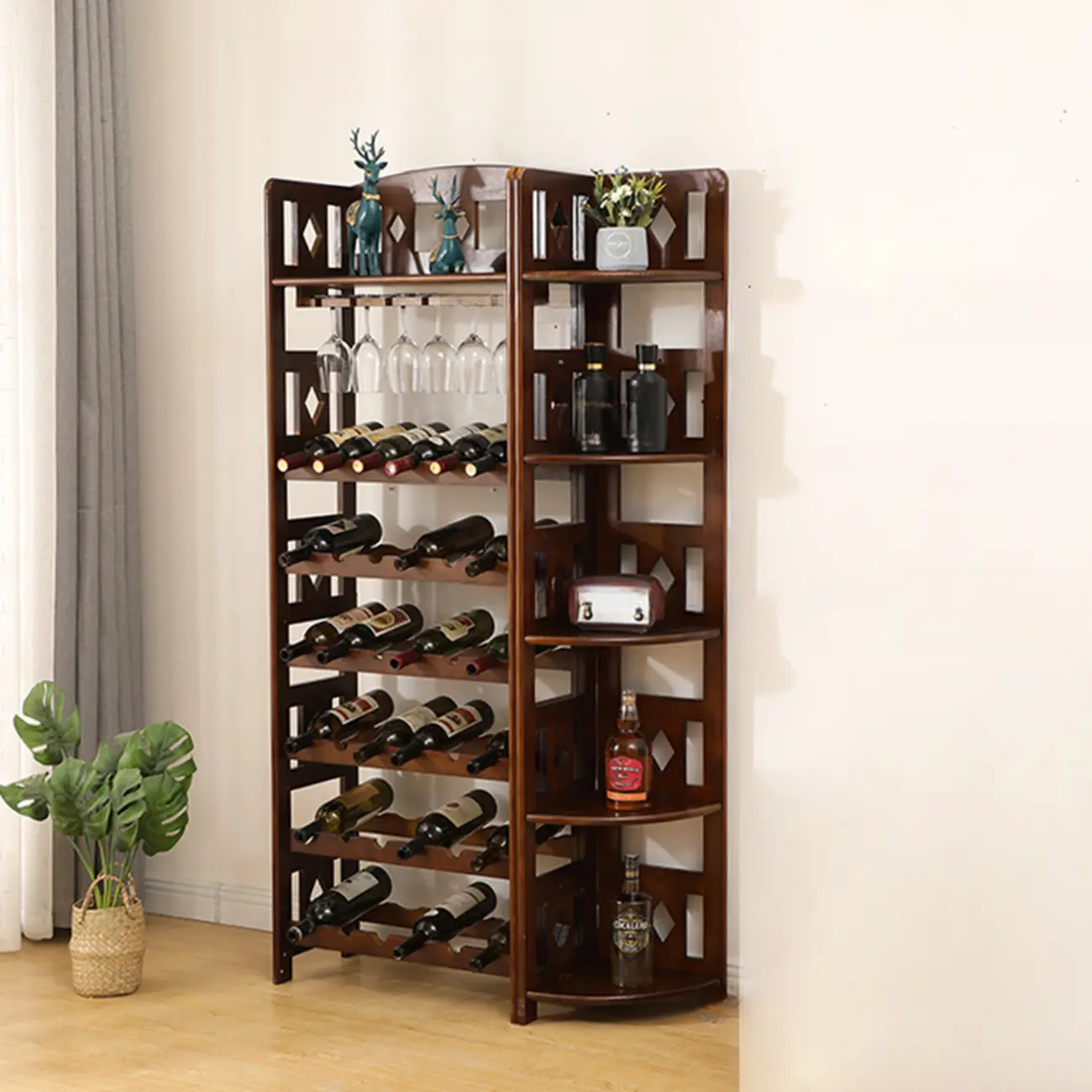 Free Standing Pine Wood Wine Cabinet with Bar Glass Holder Shelf Image - 6 | homeyfad