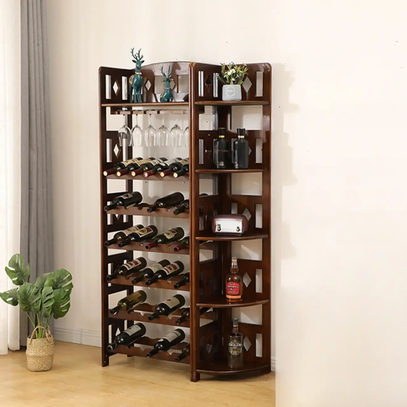 Free Standing Pine Wood Wine Cabinet with Bar Glass Holder Shelf Image - 6