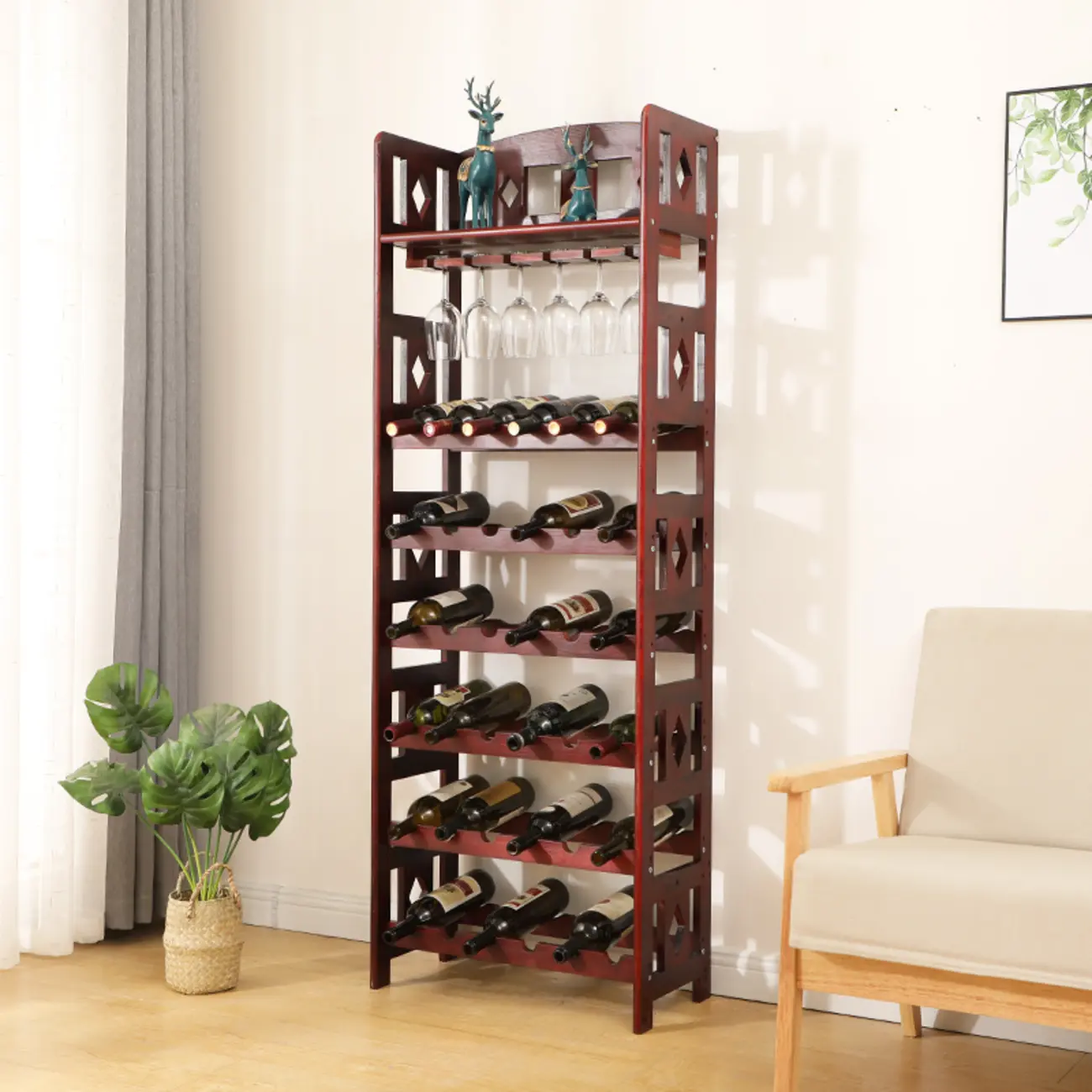 Free Standing Pine Wood Wine Cabinet with Bar Glass Holder Shelf Image - 8 | homeyfad