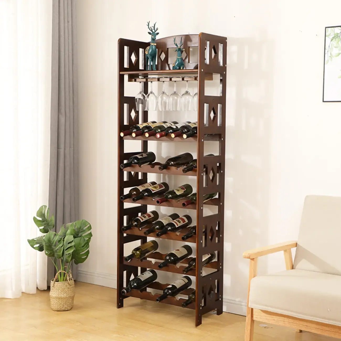 Free Standing Pine Wood Wine Cabinet with Bar Glass Holder Shelf Image - 7