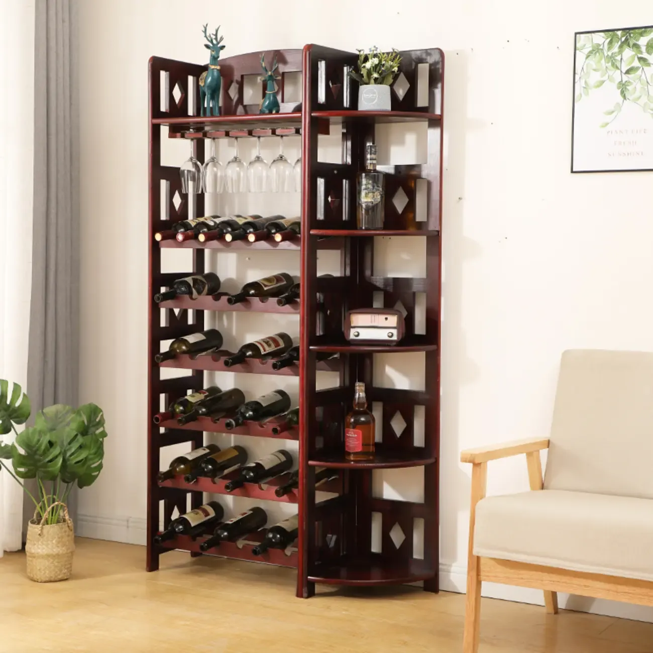 Free Standing Pine Wood Wine Cabinet with Bar Glass Holder Shelf Image - 2