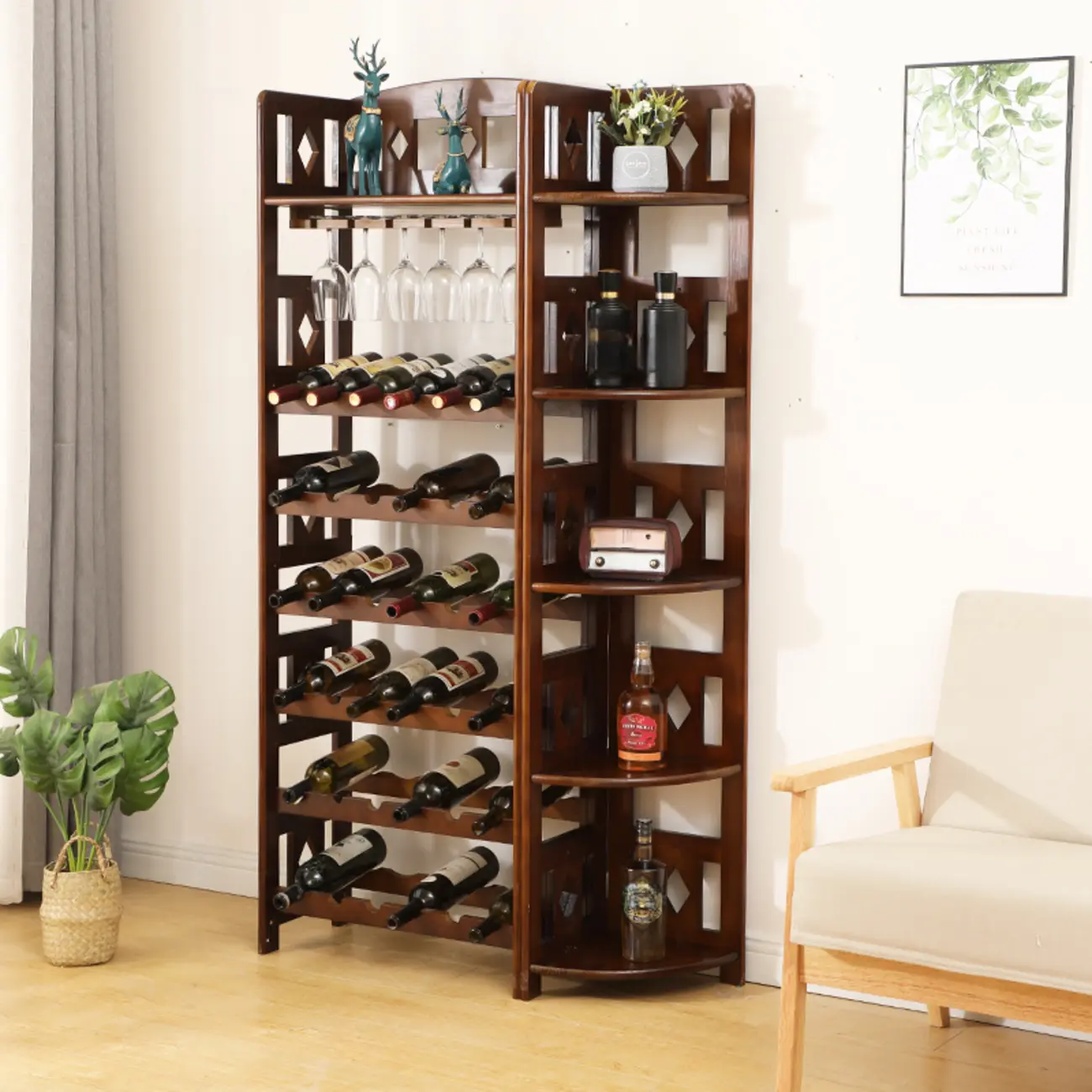 Free Standing Pine Wood Wine Cabinet with Bar Glass Holder Shelf Image - 17 | homeyfad