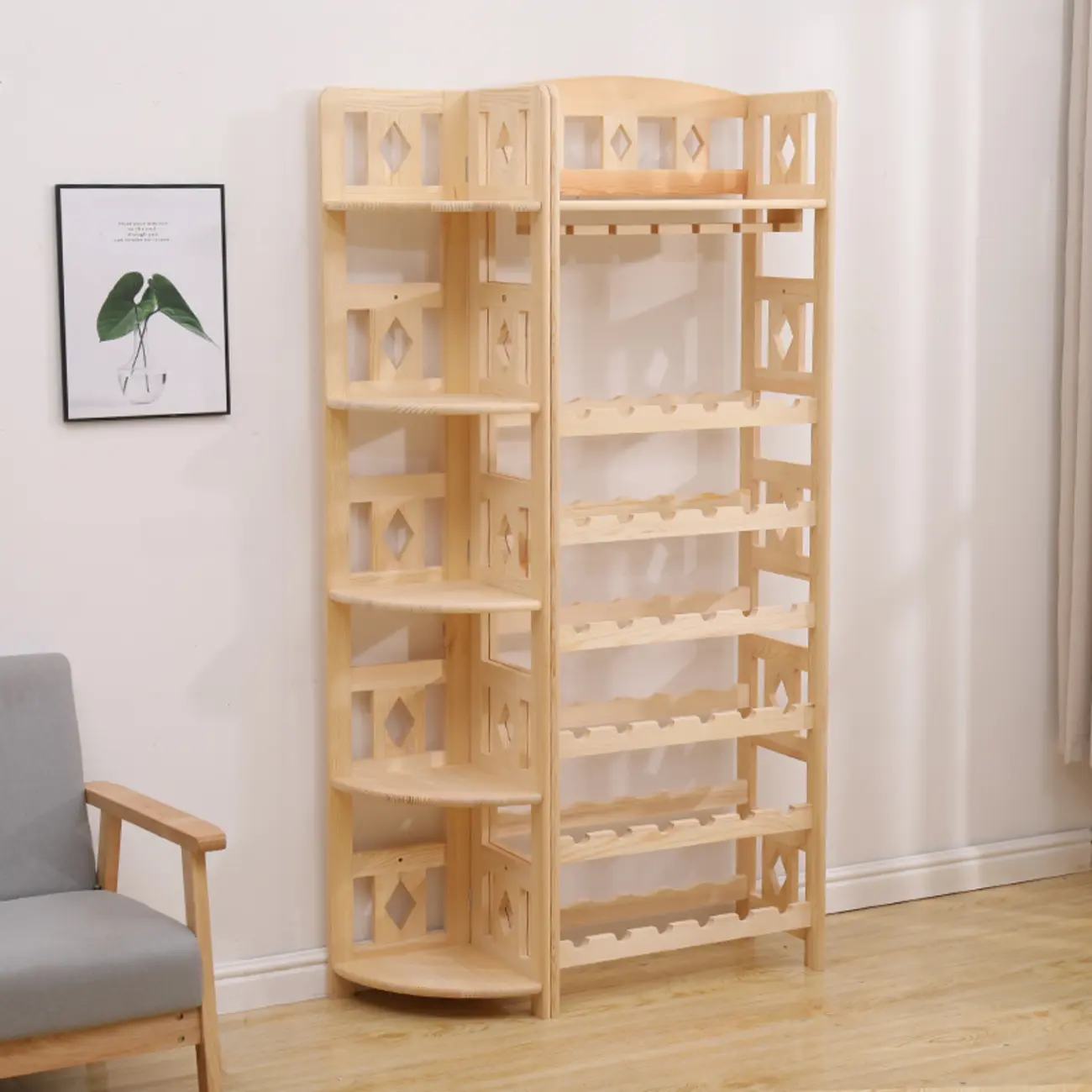 Free Standing Pine Wood Wine Cabinet with Bar Glass Holder Shelf Image - 19 | homeyfad