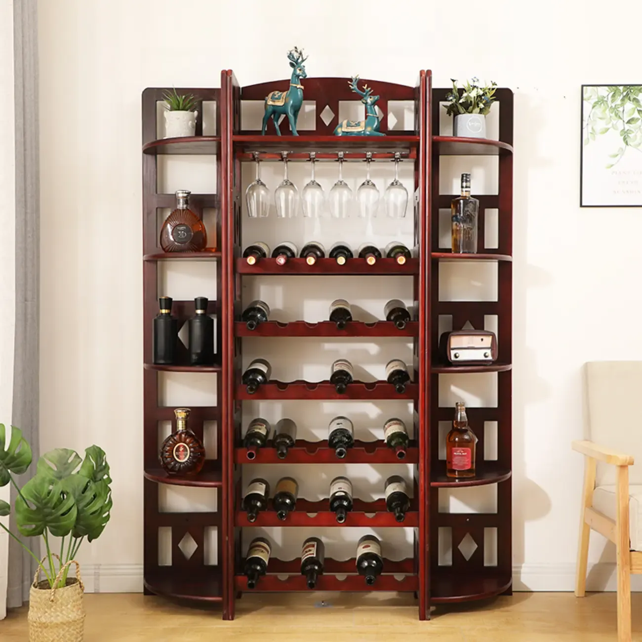 Free Standing Pine Wood Wine Cabinet with Bar Glass Holder Shelf Image - 1