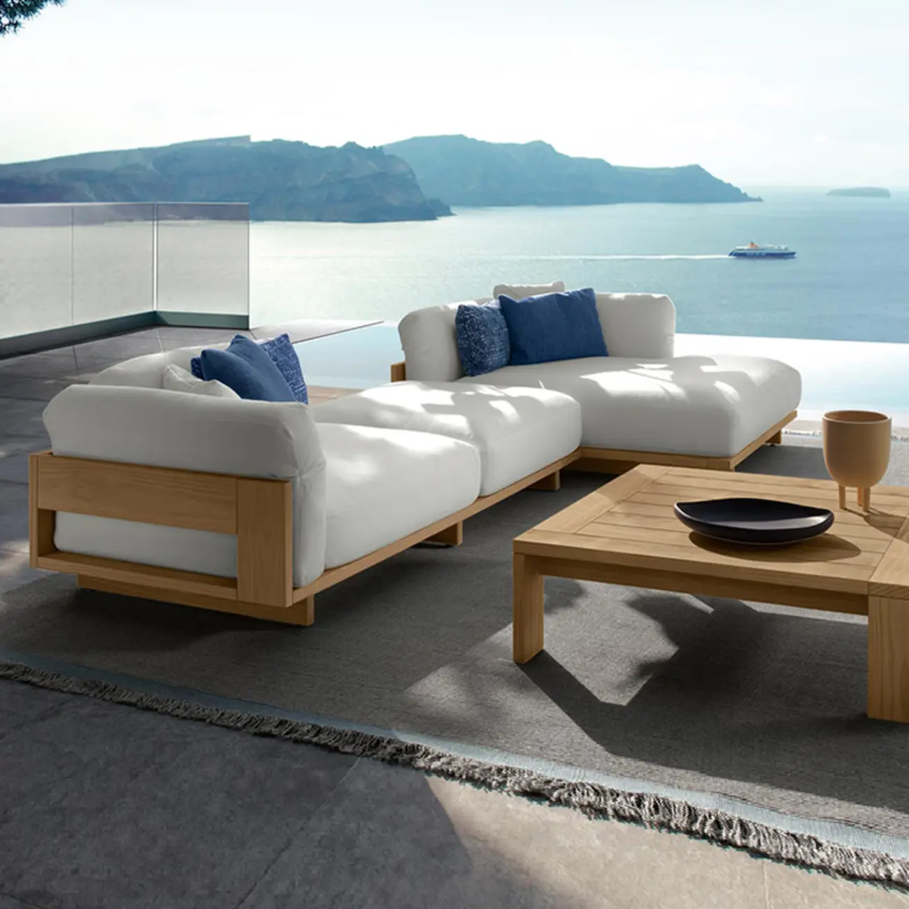 Natural Teak Frame Waterproof Patio Sofa with White Cushions Image - 1 | homeyfad