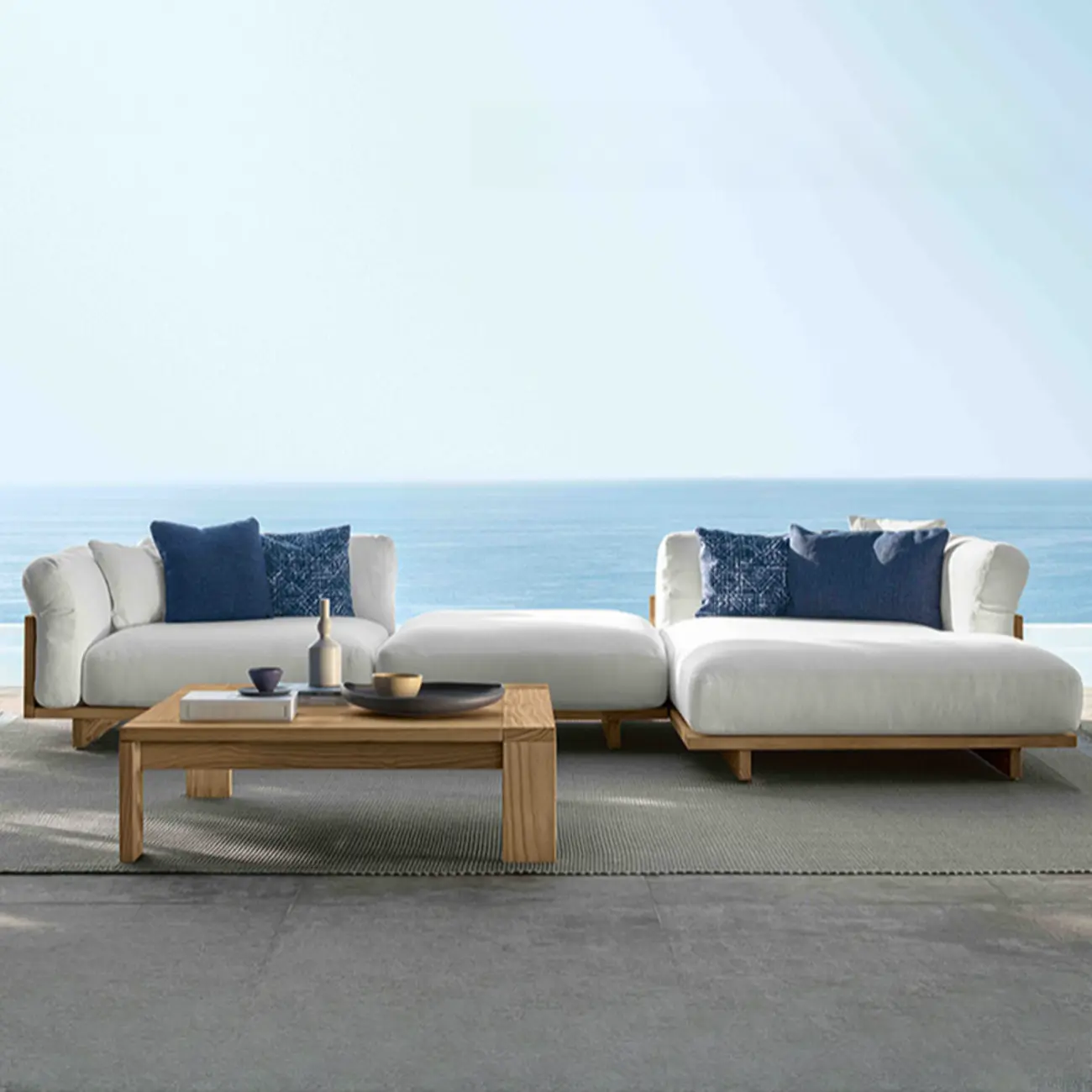 Natural Teak Frame Waterproof Patio Sofa with White Cushions Image - 2 | homeyfad