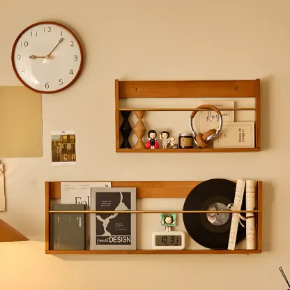 Horizontal Cherry Wooden Open Back Floating Bookshelf Image - 1
