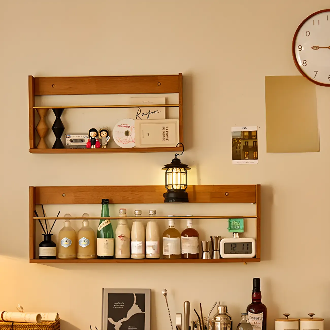 Horizontal Cherry Wooden Open Back Floating Bookshelf Image - 3