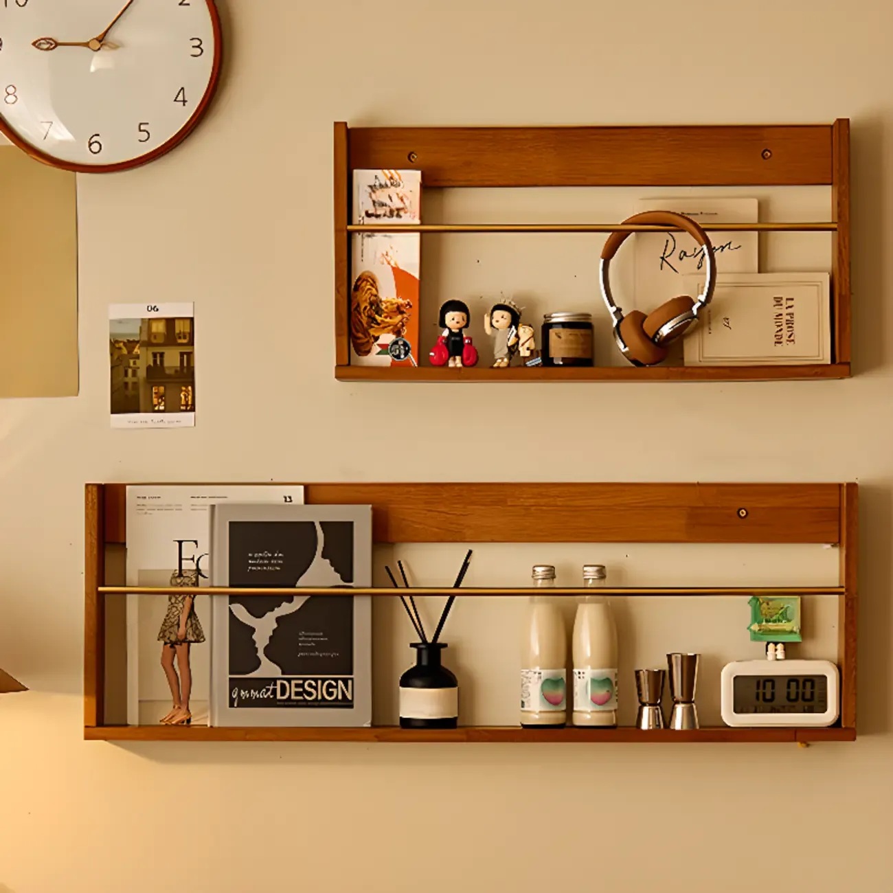 Horizontal Cherry Wooden Open Back Floating Bookshelf Image - 2