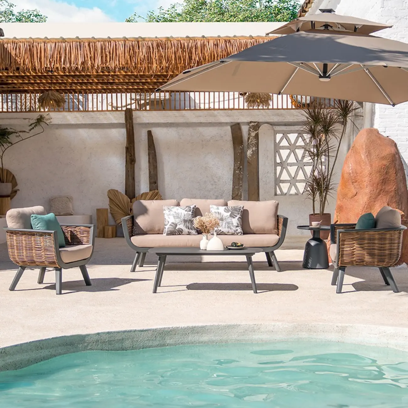 Patio Sofa 3 Piece Wicker Outdoor Seating Set with Cushions Image - 1 | homeyfad