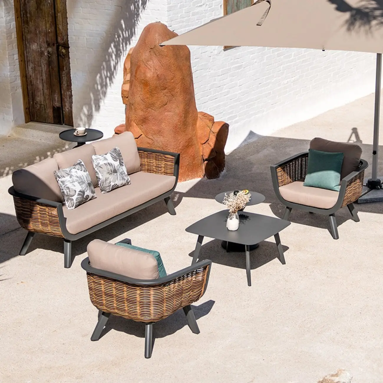 Patio Sofa 3 Piece Wicker Outdoor Seating Set with Cushions Image - 2 | homeyfad