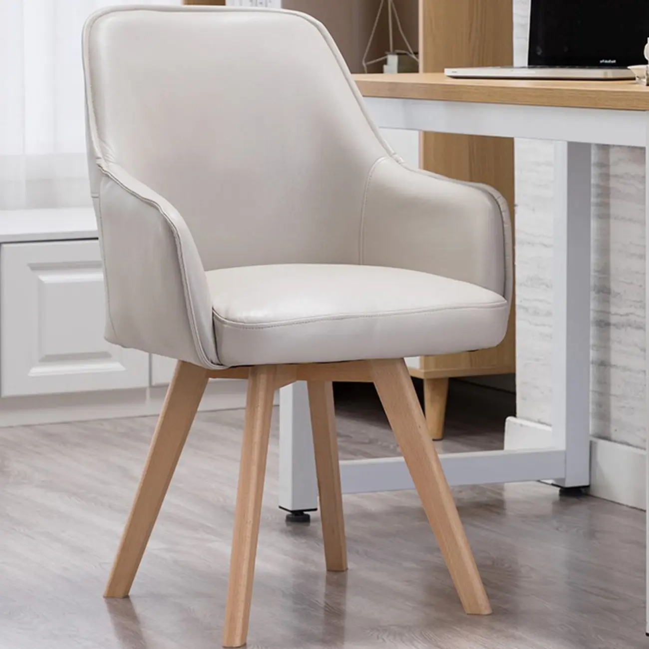 Scandinavian Leather Swivel Dining Chair with Wood Legs Image - 2 | homeyfad