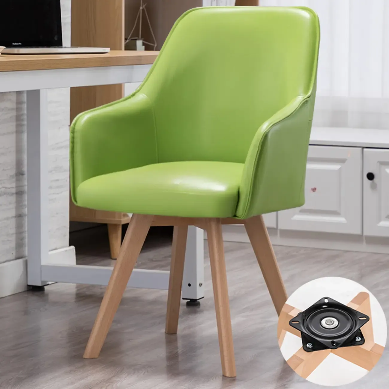 Scandinavian Leather Swivel Dining Chair with Wood Legs Image - 6