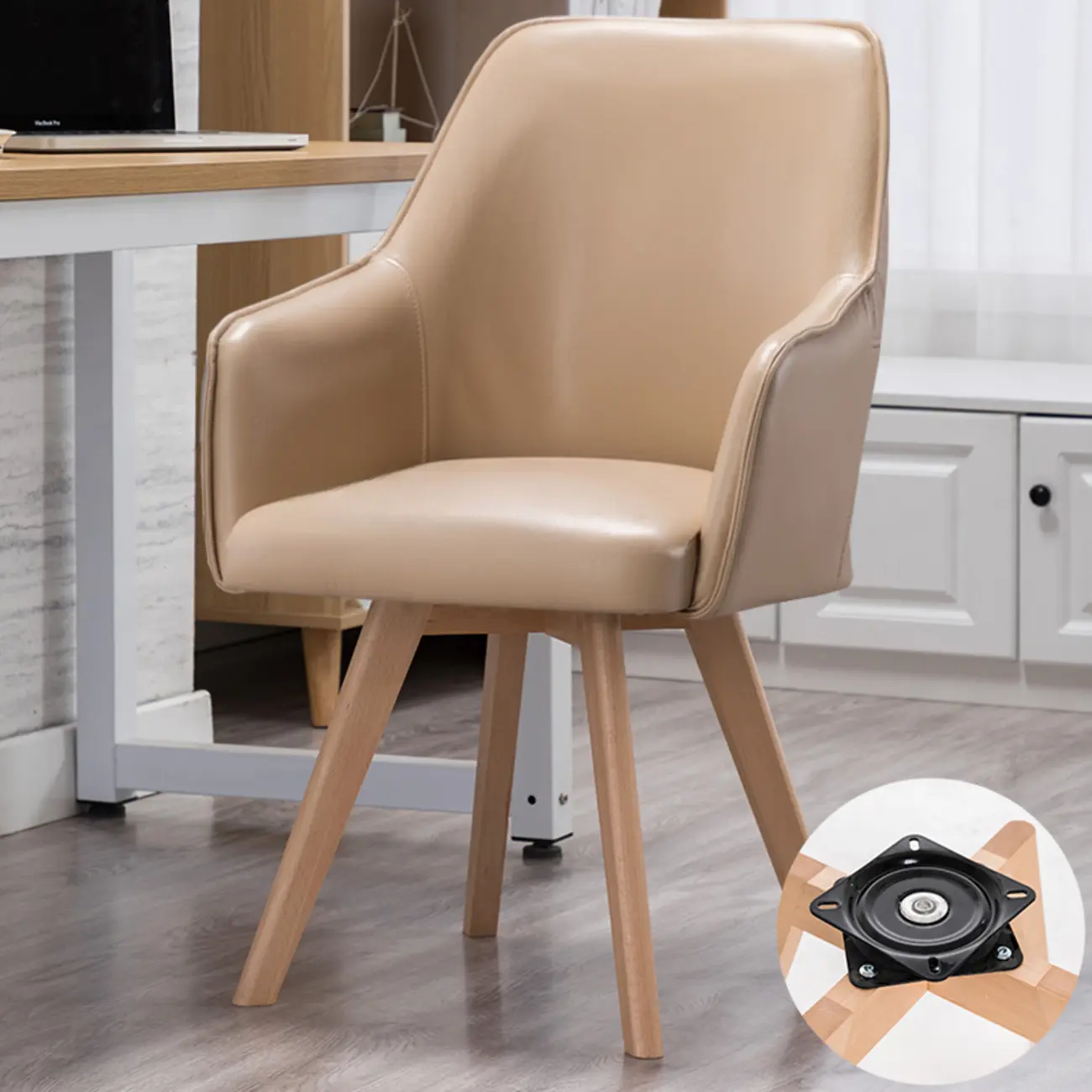 Scandinavian Leather Swivel Dining Chair with Wood Legs Image - 10 | homeyfad