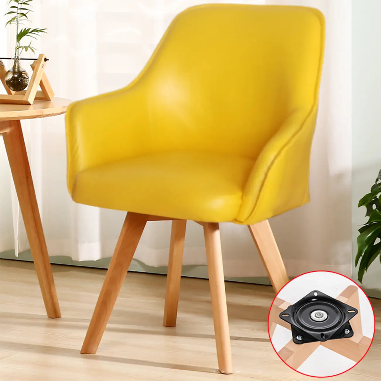 Scandinavian Leather Swivel Dining Chair with Wood Legs Image - 12 | homeyfad