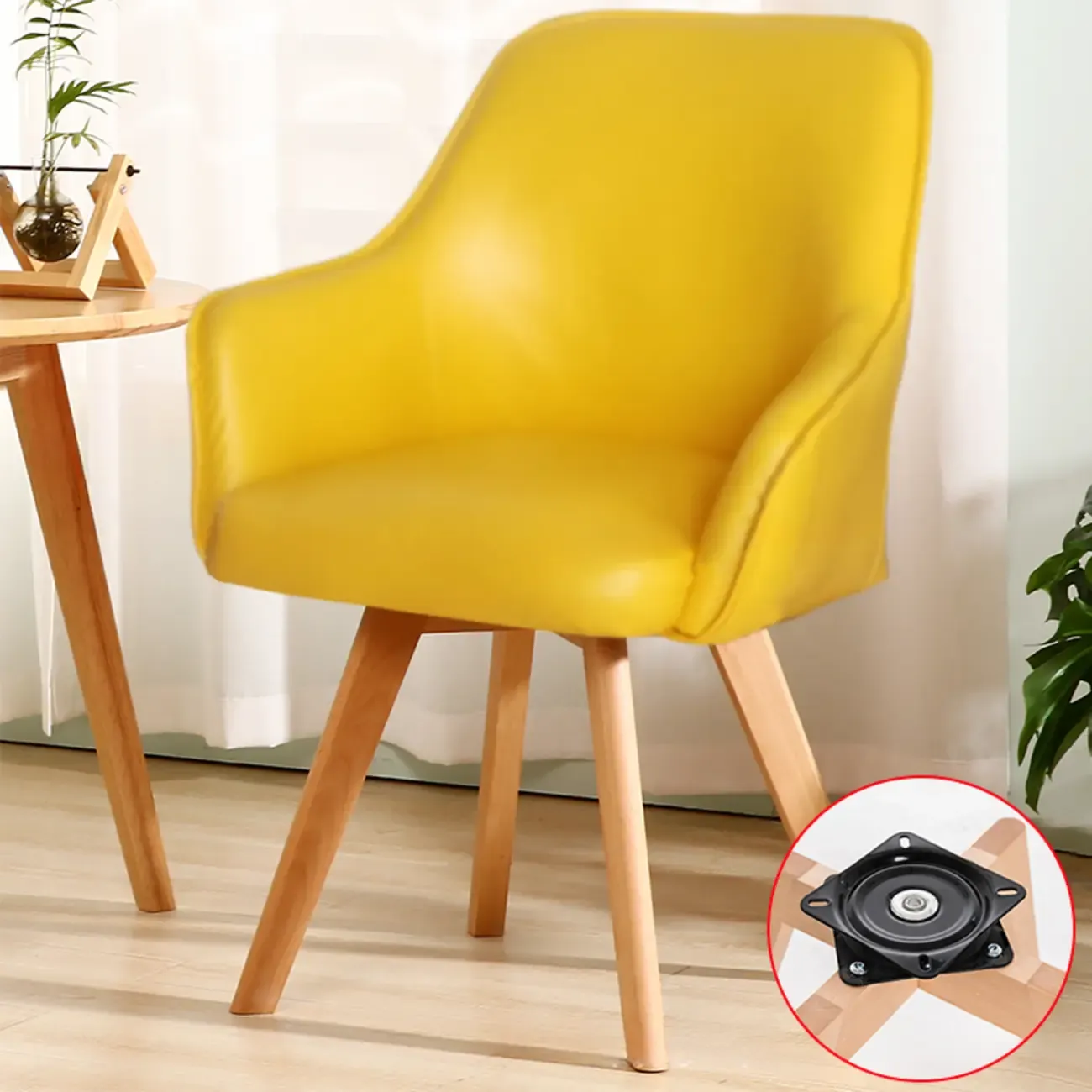 Scandinavian Leather Swivel Dining Chair with Wood Legs Image - 12