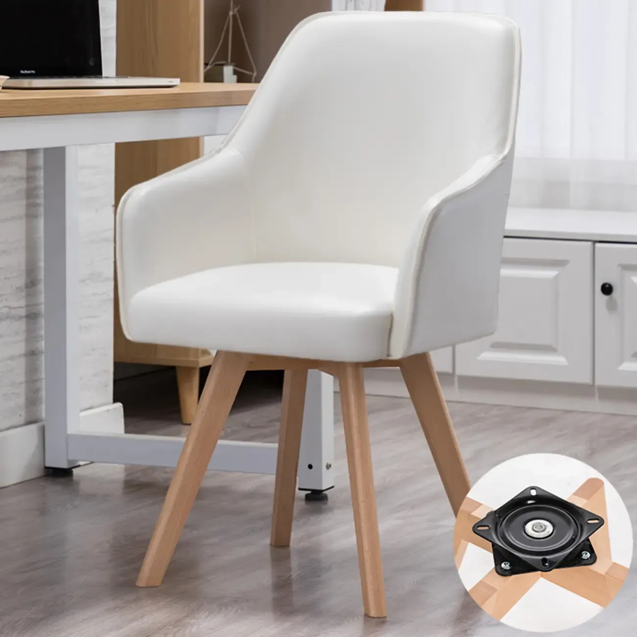 Scandinavian Leather Swivel Dining Chair with Wood Legs Image - 1