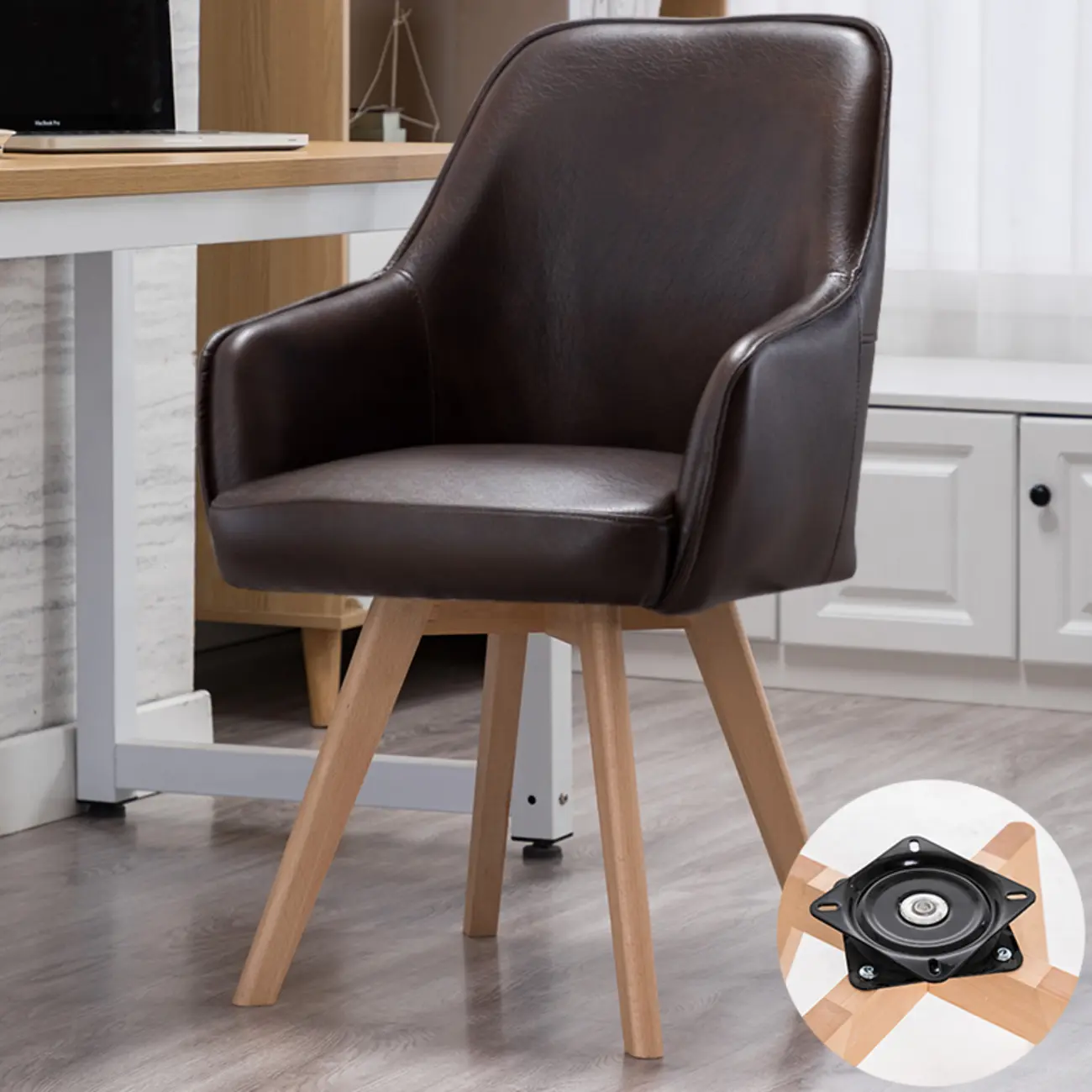 Scandinavian Leather Swivel Dining Chair with Wood Legs Image - 9 | homeyfad