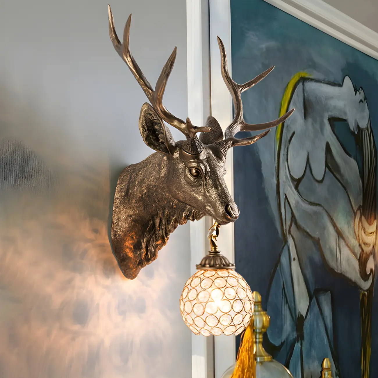 Rustic Gold Resin Elk Head Sconce with Crystal Shade Image - 1 | homeyfad