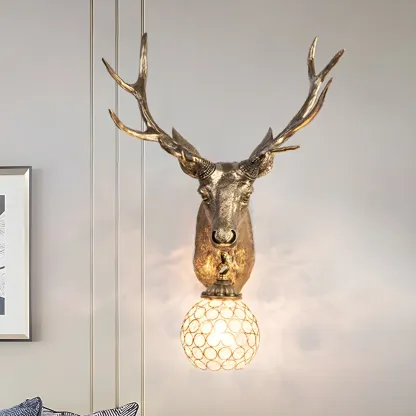 Rustic Gold Resin Elk Head Sconce with Crystal Shade Image - 2