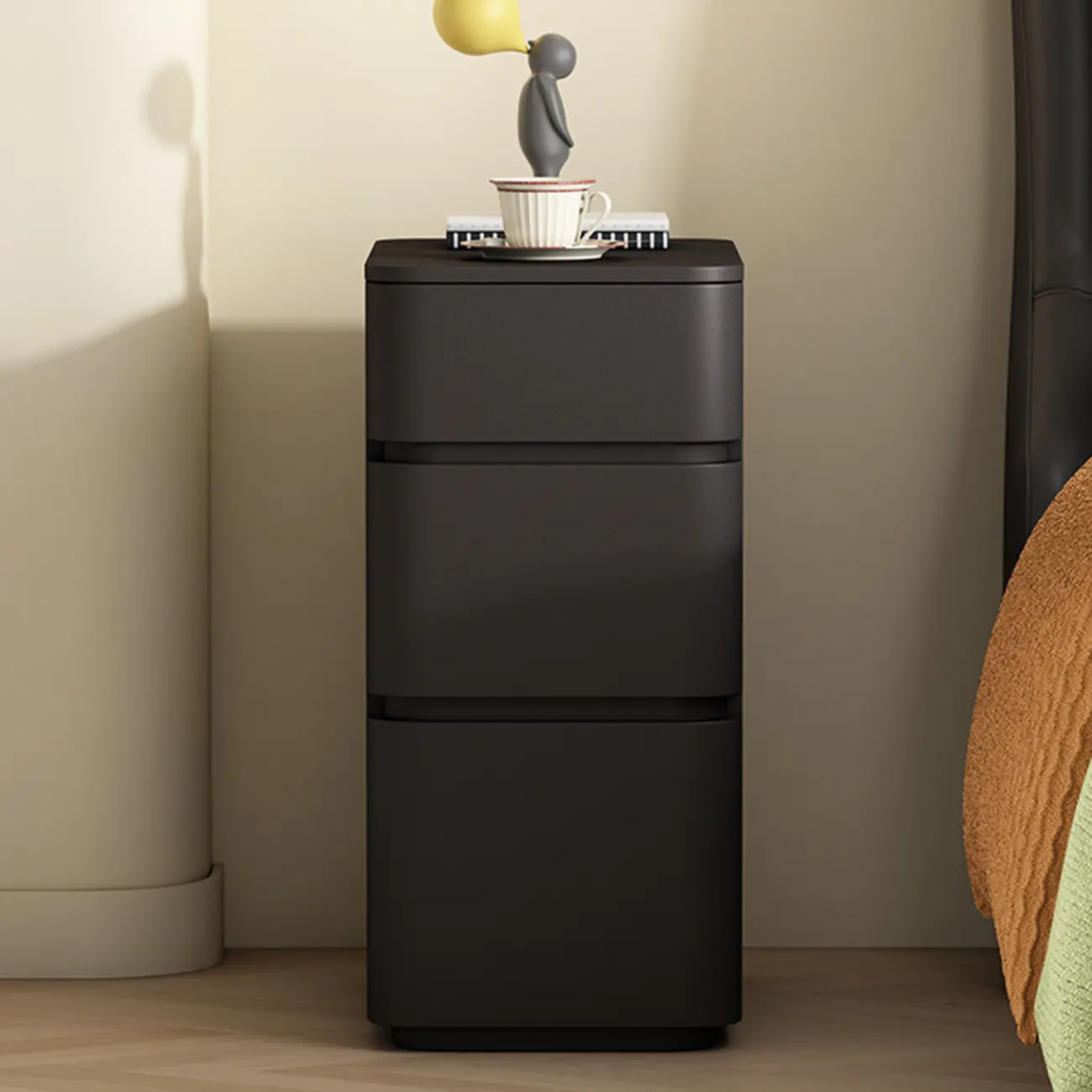 Narrow Leather Wood 3-Drawer Black Nightstand Image - 1 | homeyfad